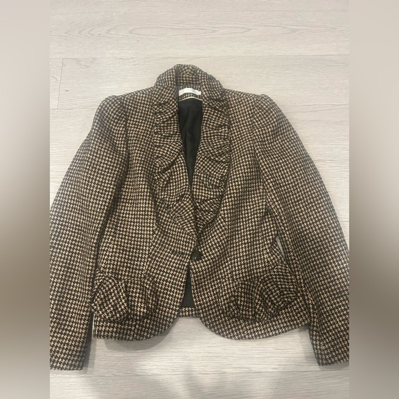 Anne Fontaine Blazer Houndstooth Ruffle Puffed Sleeve Wool Blend Size 40 US M - Picture 1 of 5
